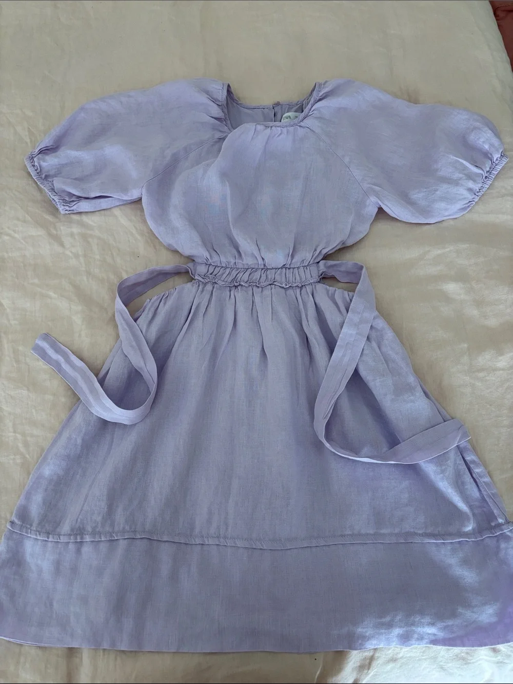 Zara Girls' Lilac Linen Puff-Sleeve Cut Out Dress 11/12